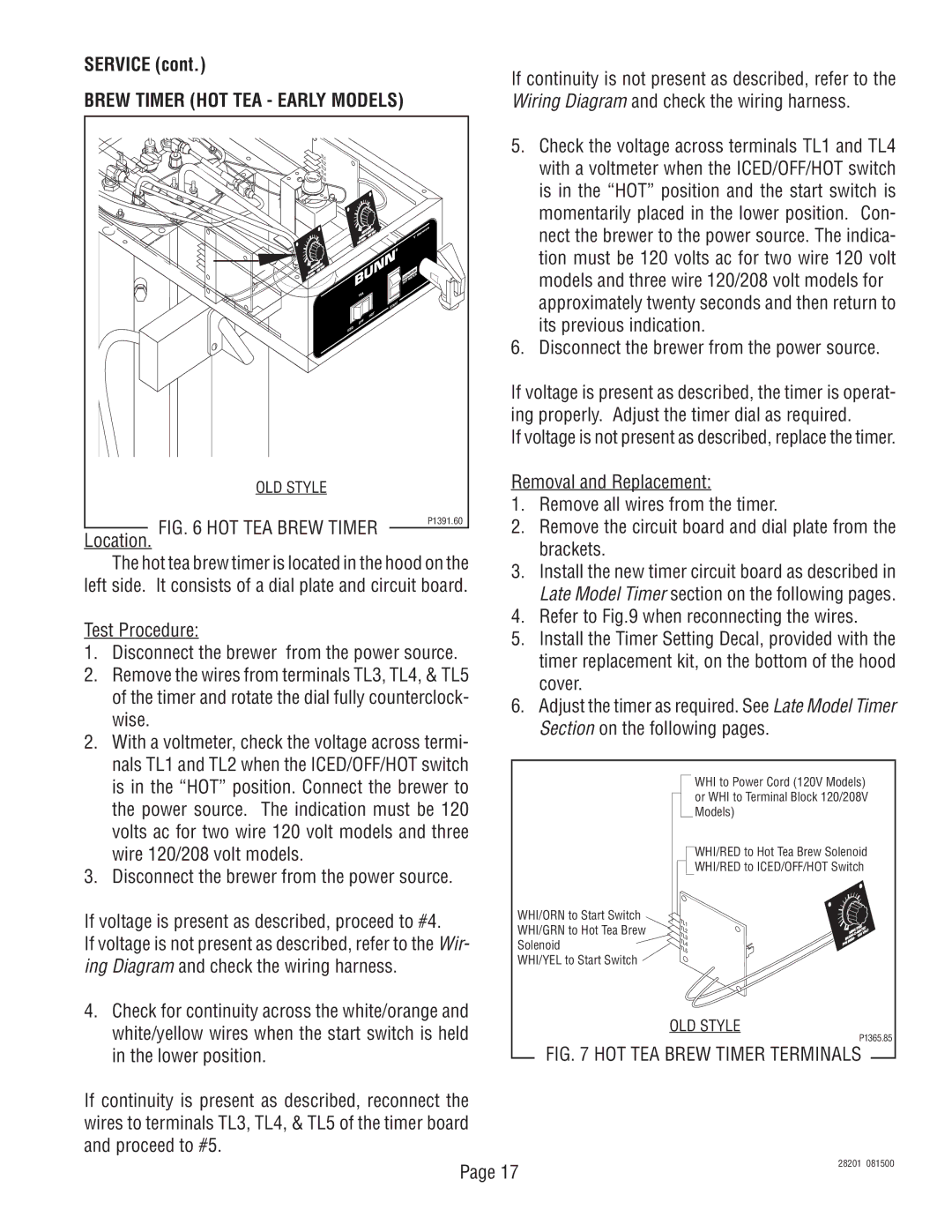 Bunn TNT-3, TNTF-3 manual Brew Timer HOT TEA Early Models, HOT TEA Brew Timer 