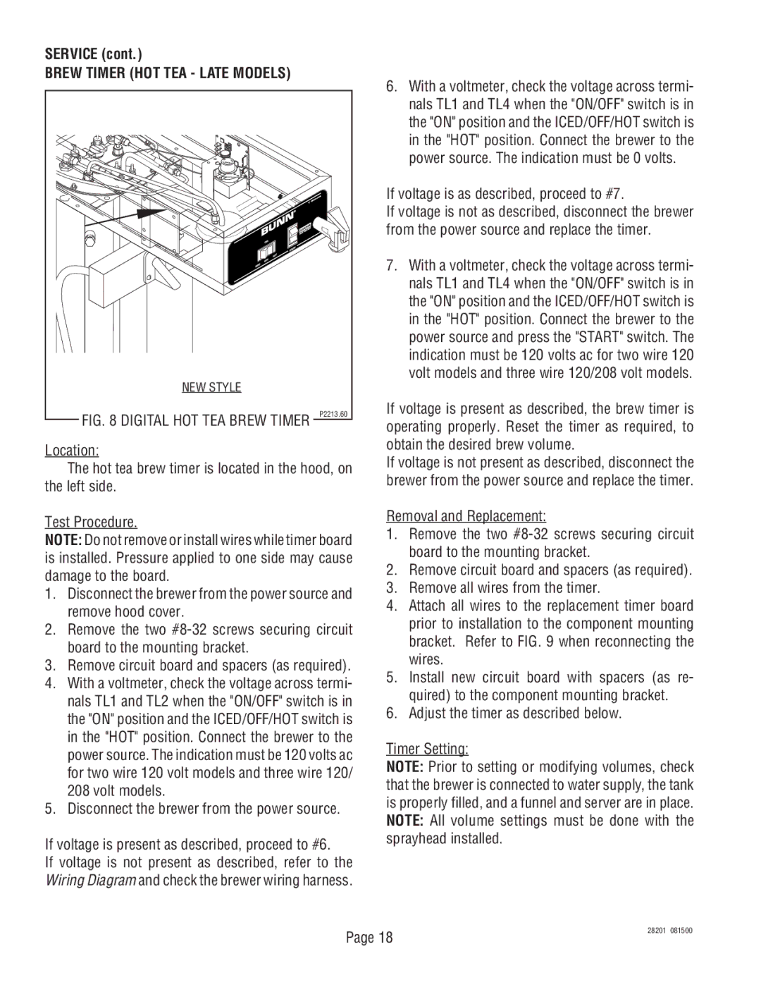 Bunn TNTF-3, TNT-3 manual Brew Timer HOT TEA Late Models, If voltage is as described, proceed to #7 