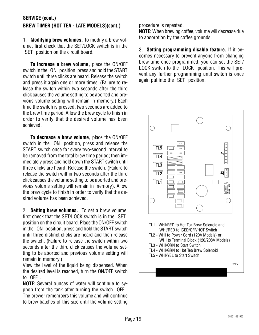 Bunn TNT-3, TNTF-3 manual Service Brew Timer HOT TEA Late MODELScont, Digital Timer Wiring 