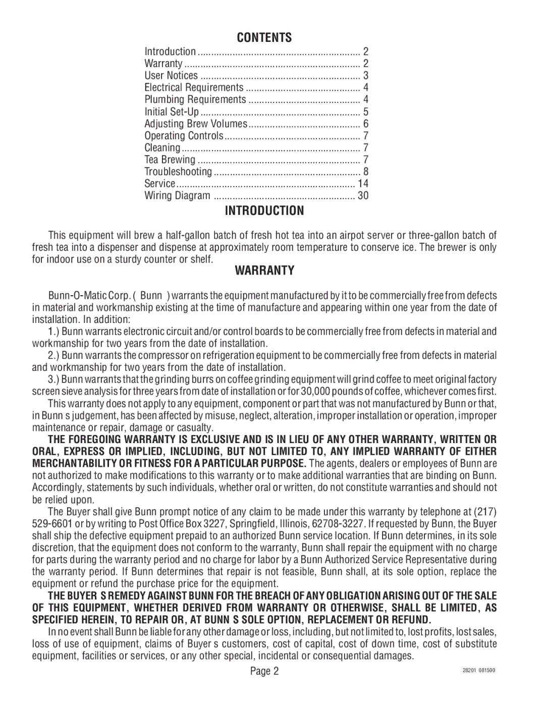 Bunn TNTF-3, TNT-3 manual Contents, Introduction, Warranty 