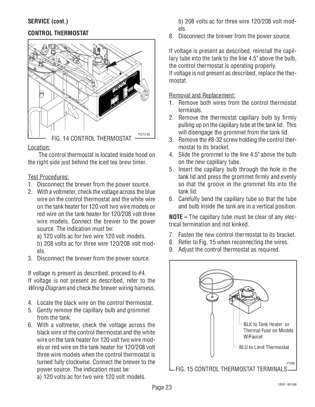 Bunn TNT-3, TNTF-3 manual Control Thermostat, Test Procedures Disconnect the brewer from the power source 