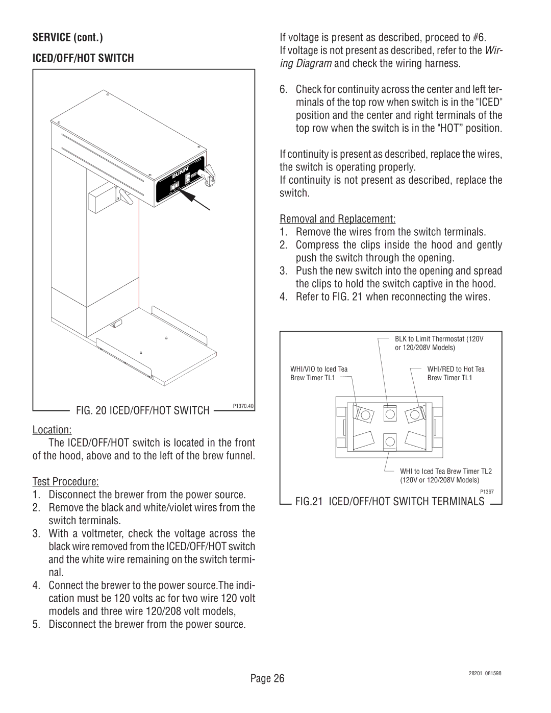 Bunn TNTF-3, TNT-3 manual ICED/OFF/HOT Switch 