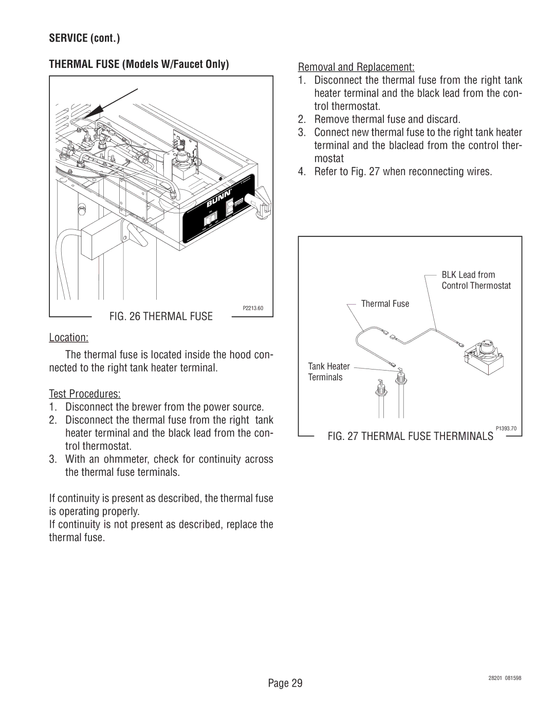 Bunn TNT-3, TNTF-3 manual Service Thermal Fuse Models W/Faucet Only 