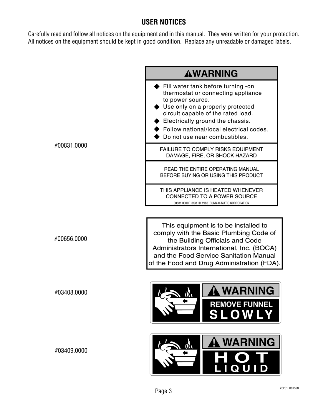 Bunn TNT-3, TNTF-3 manual User Notices, #00831.0000 #00656.0000 #03408.0000 #03409.0000 