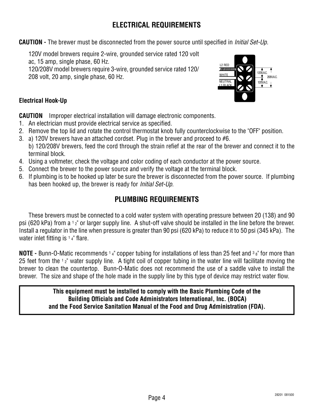 Bunn TNTF-3, TNT-3 manual Electrical Requirements, Plumbing Requirements, Electrical Hook-Up 