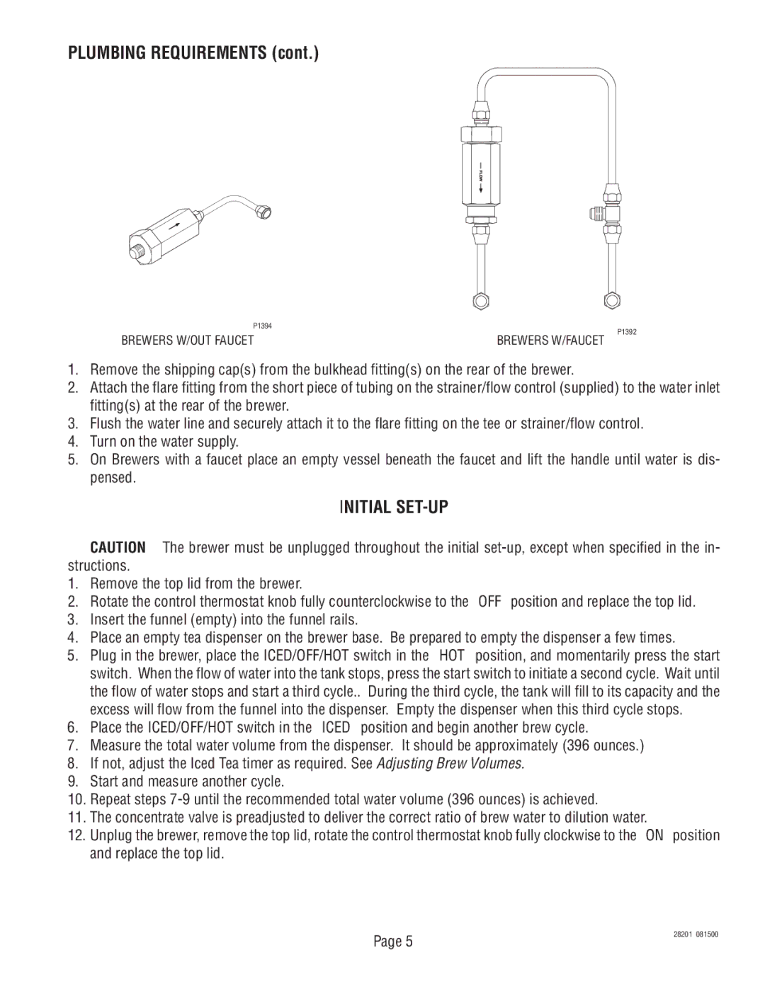 Bunn TNT-3, TNTF-3 manual Plumbing Requirements, Initial SET-UP 