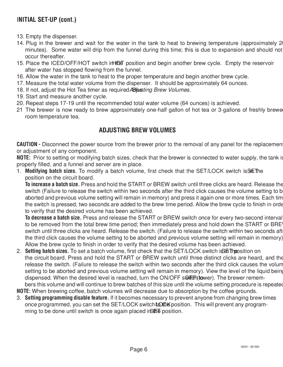 Bunn TNTF-3, TNT-3 manual Initial SET-UP, Adjusting Brew Volumes 