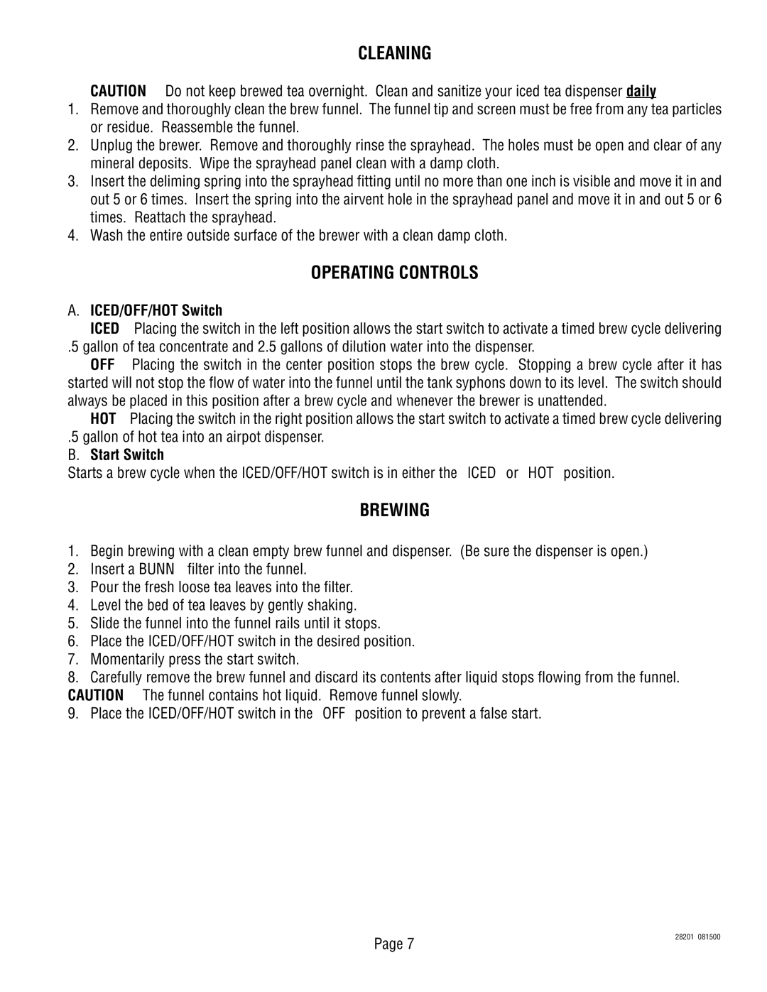 Bunn TNT-3, TNTF-3 manual Cleaning, Operating Controls, Brewing, ICED/OFF/HOT Switch, Start Switch 