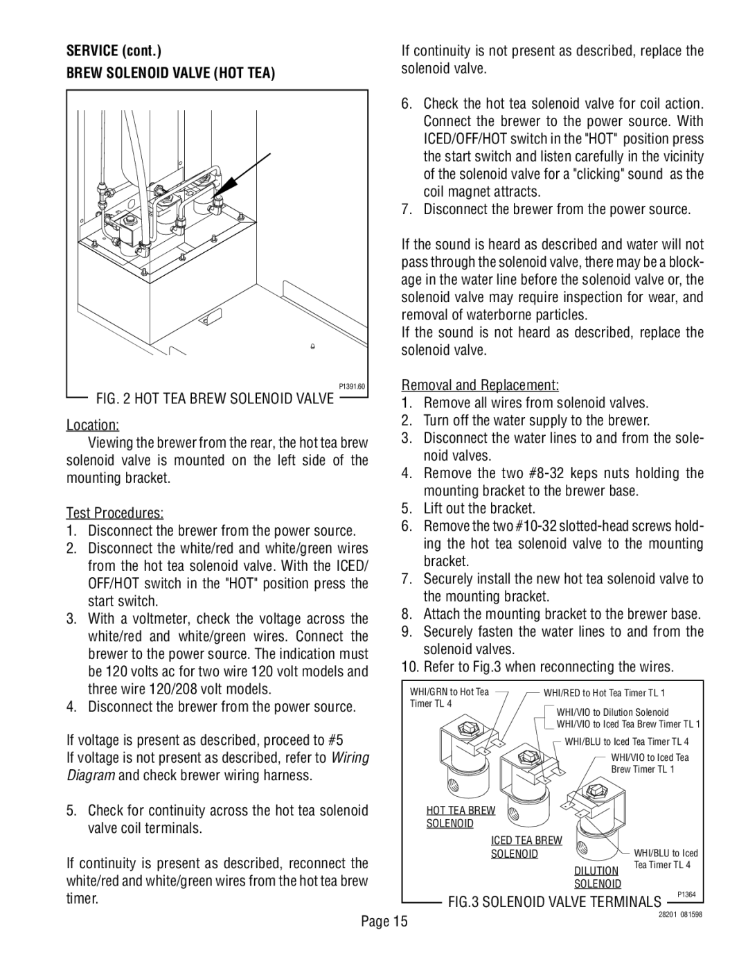 Bunn TNTF-3 service manual Service, Brew Solenoid Valve HOT TEA, Solenoid valve 