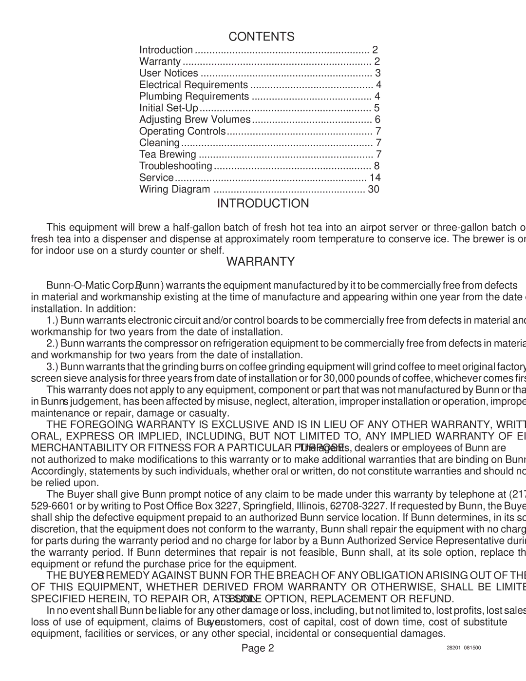 Bunn TNTF-3 service manual Contents, Introduction, Warranty 