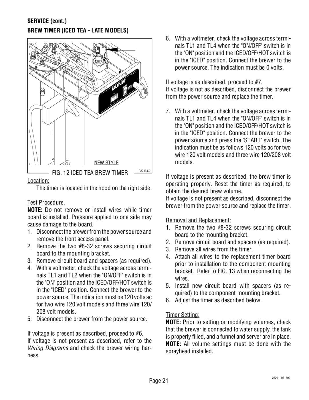 Bunn TNTF-3 service manual Iced TEA Brew Timer 