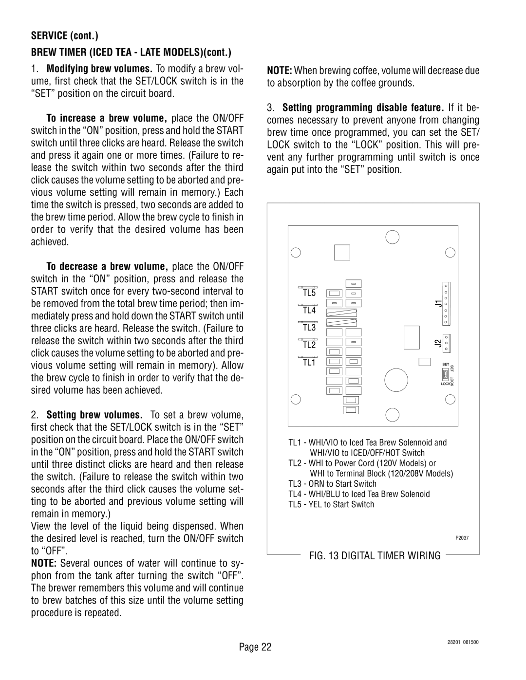 Bunn TNTF-3 service manual Brew Timer Iced TEA Late MODELScont 