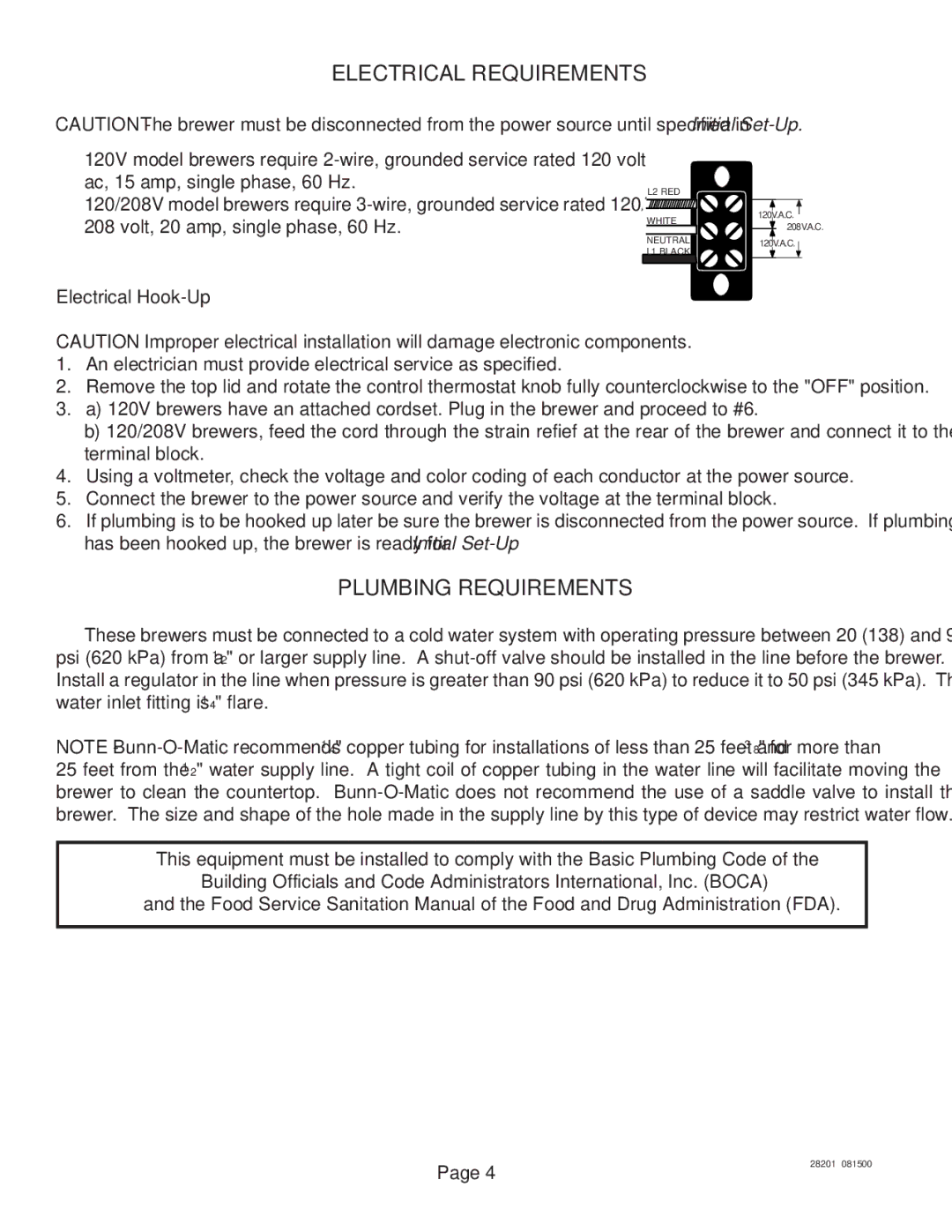 Bunn TNTF-3 service manual Electrical Requirements, Plumbing Requirements, Electrical Hook-Up 