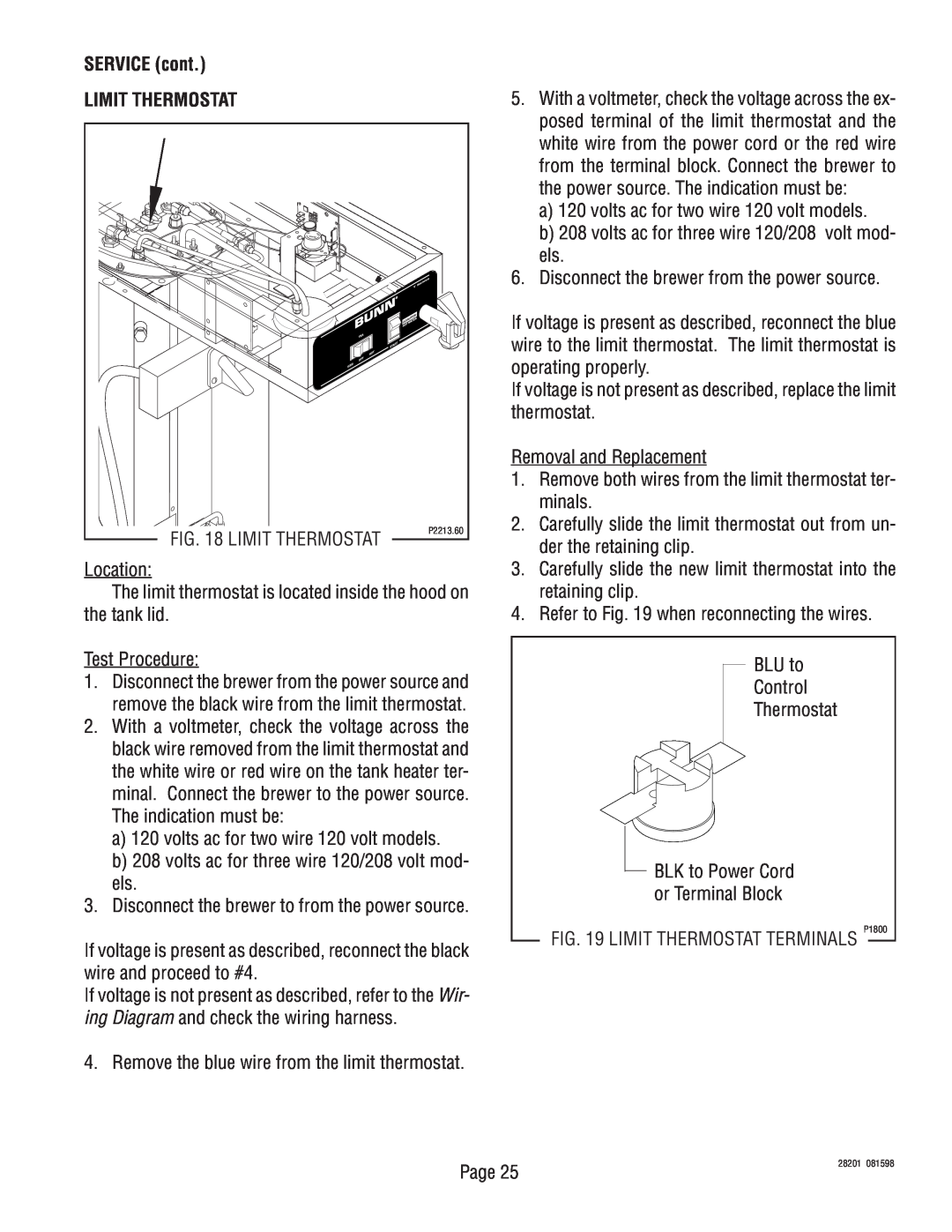 Bunn TNTF-3 service manual SERVICE cont LIMIT THERMOSTAT, BLK to Power Cord or Terminal Block 