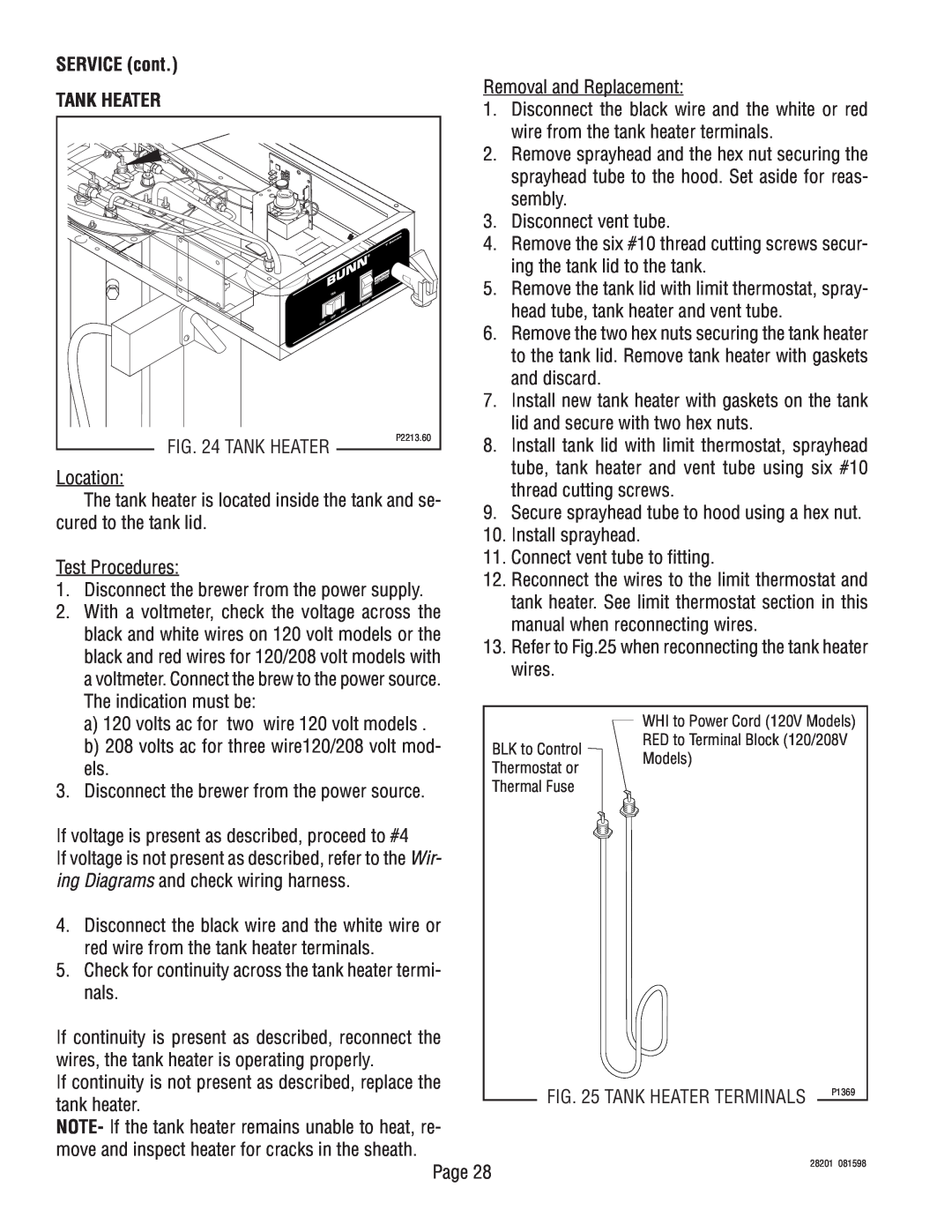 Bunn TNTF-3 service manual SERVICE cont, Disconnect the brewer from the power supply, Tank Heater Terminals 