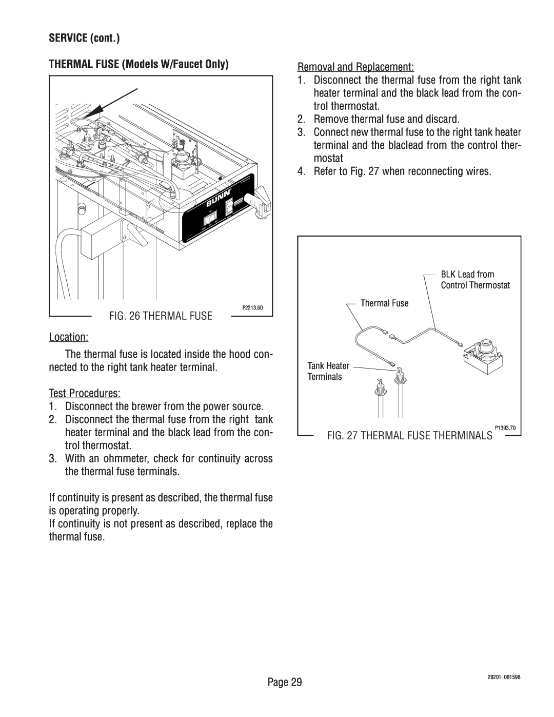 Bunn TNTF-3 service manual SERVICE cont THERMAL FUSE Models W/Faucet Only, Thermal Fuse Therminals 