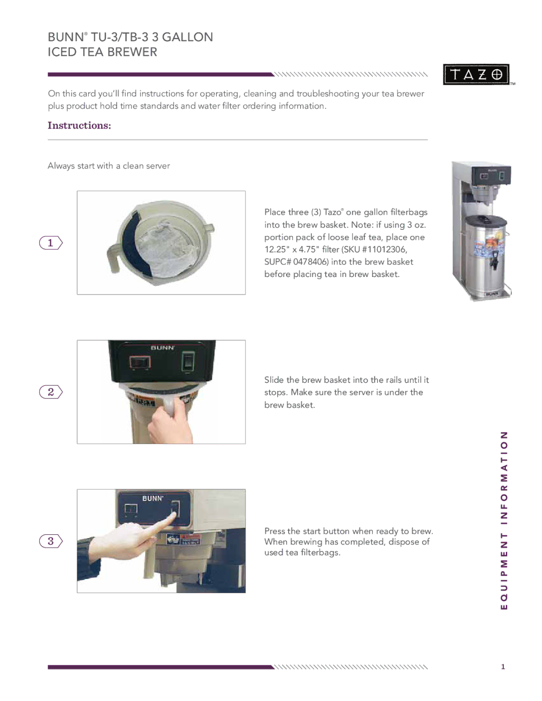 Bunn manual Bunn TU-3/TB-3 3 Gallon Iced TEA Brewer, Instructions 