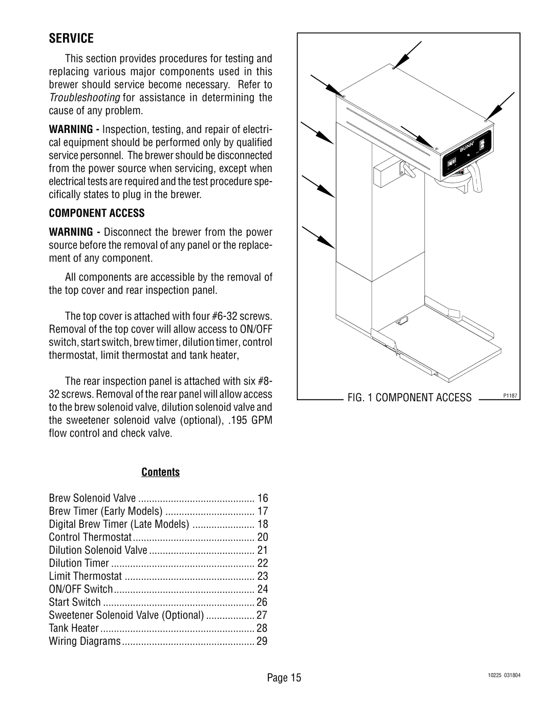 Bunn TU3 service manual Service, Component Access, Contents 