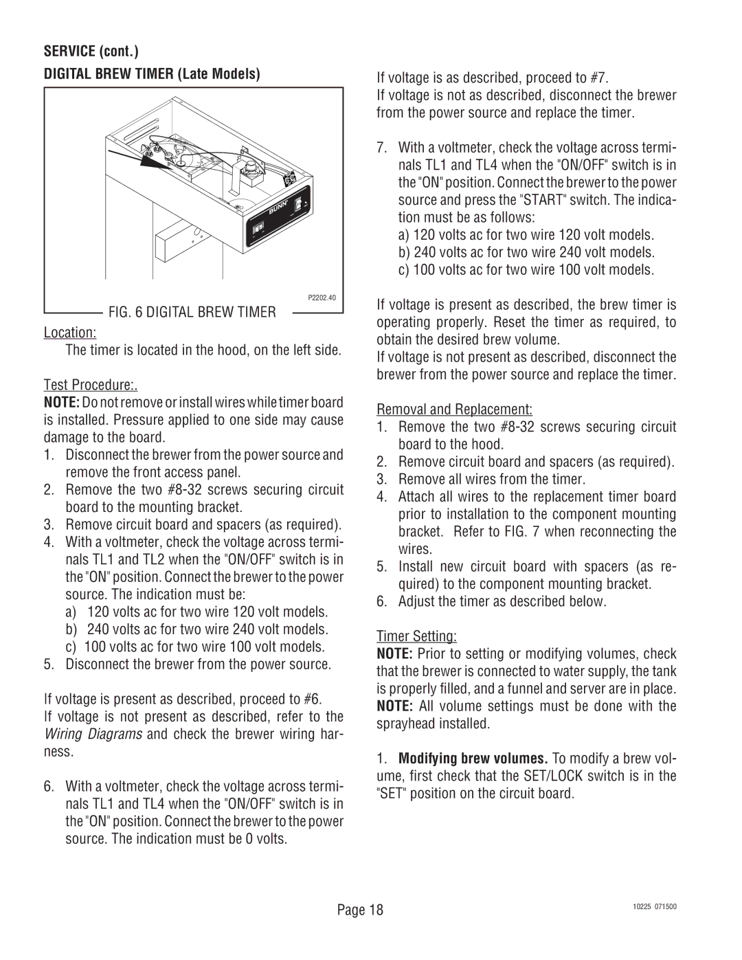 Bunn TU3 service manual Service Digital Brew Timer Late Models, If voltage is as described, proceed to #7 