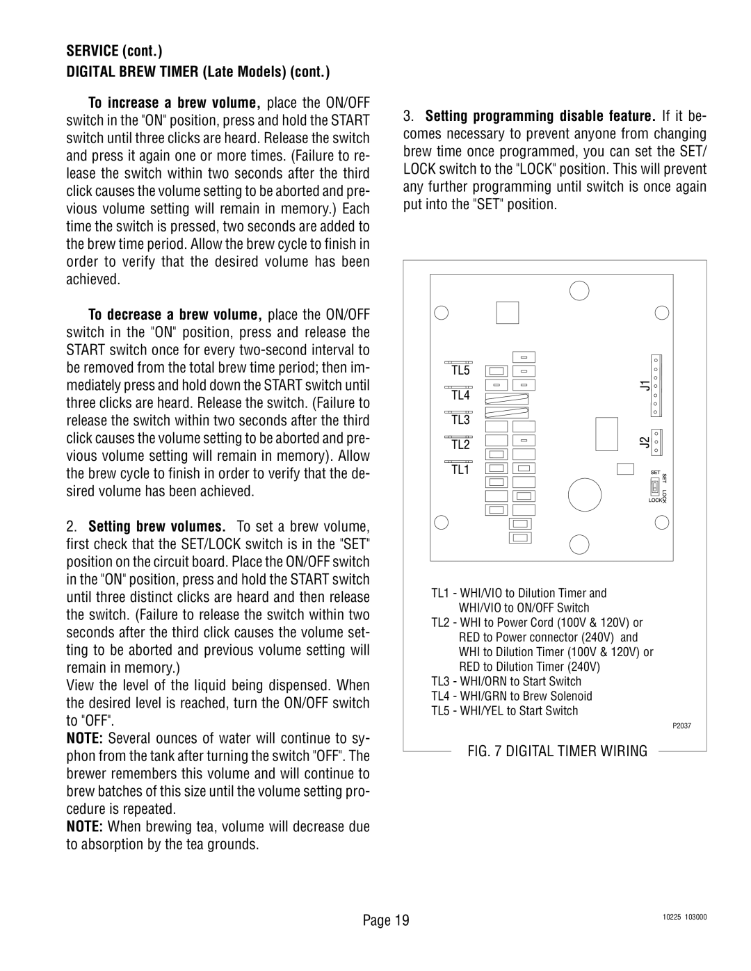 Bunn TU3 service manual Digital Timer Wiring 