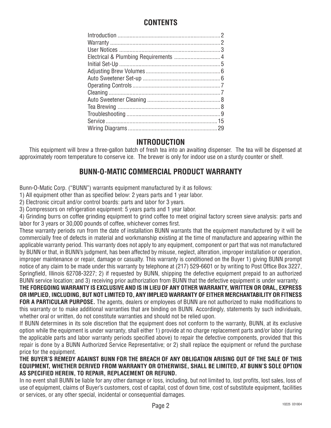 Bunn TU3 service manual Contents, Introduction, BUNN-O-MATIC Commercial Product Warranty 