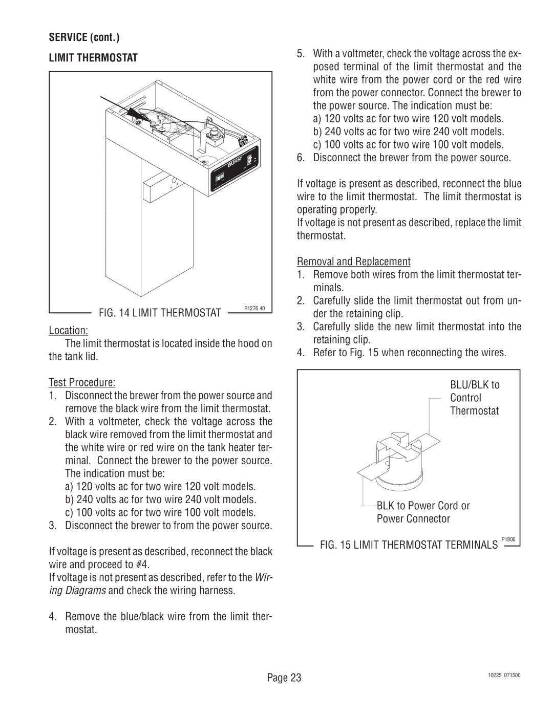 Bunn TU3 service manual Limit Thermostat, Indication must be 