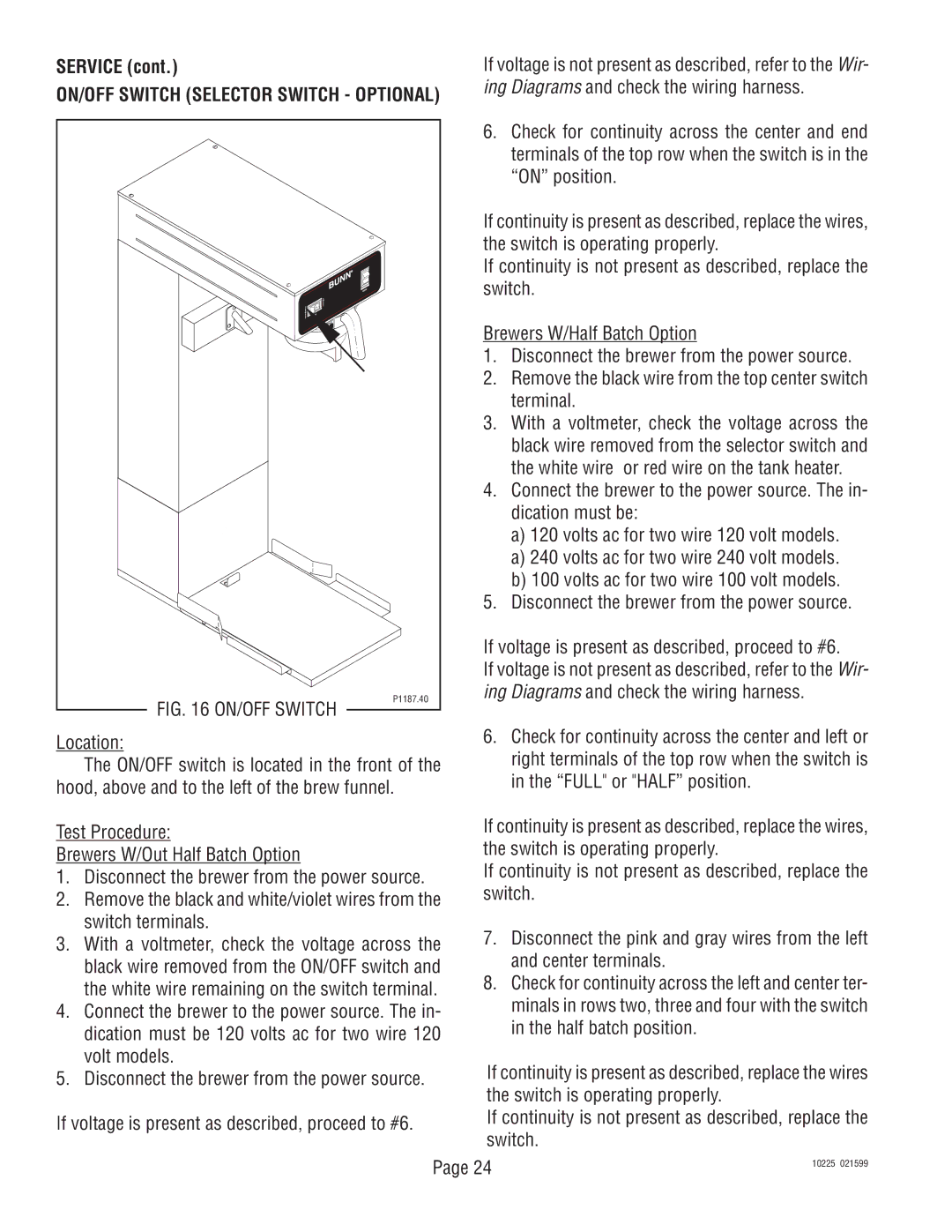 Bunn TU3 service manual Ing Diagrams and check the wiring harness, ON/OFF Switch 