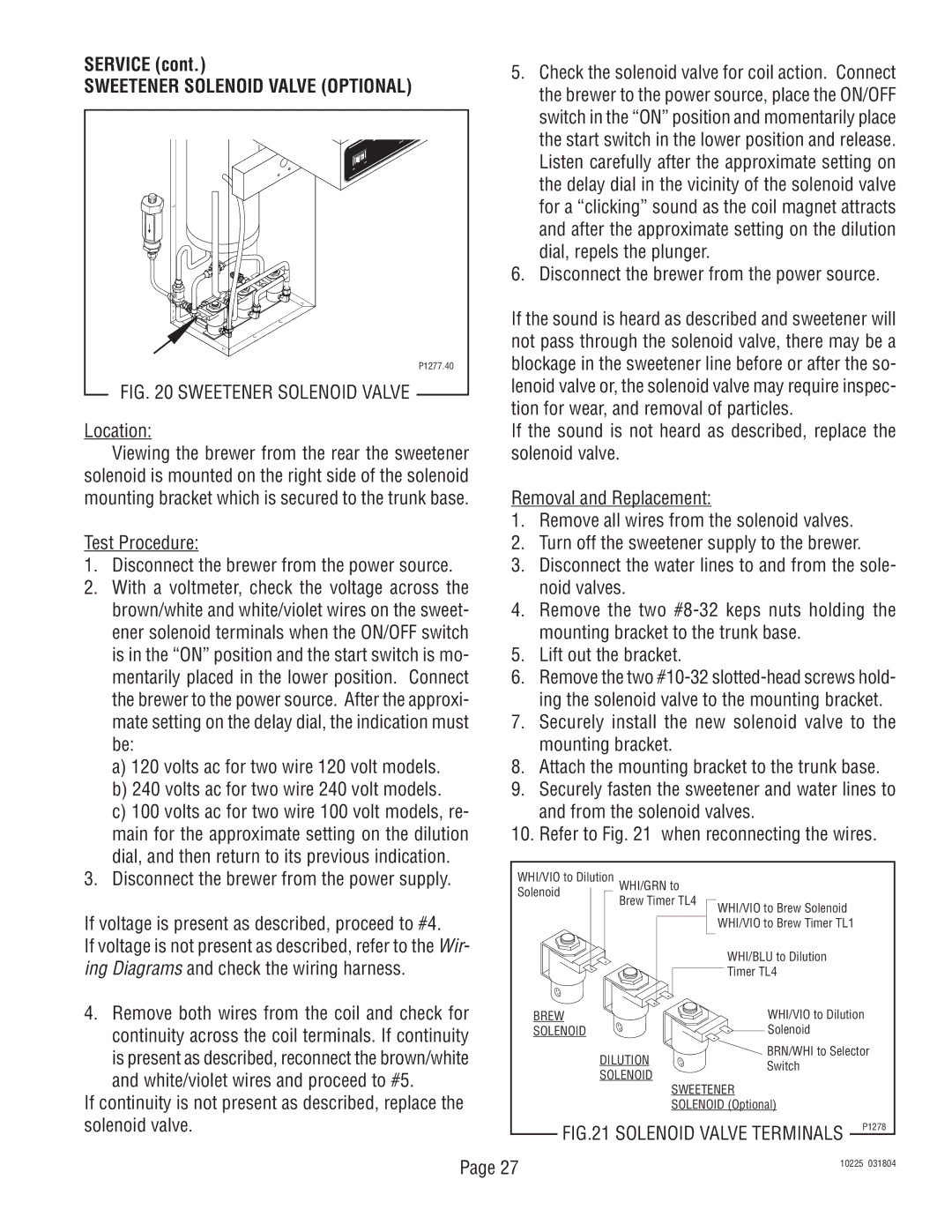 Bunn TU3 service manual Sweetener Solenoid Valve Optional 