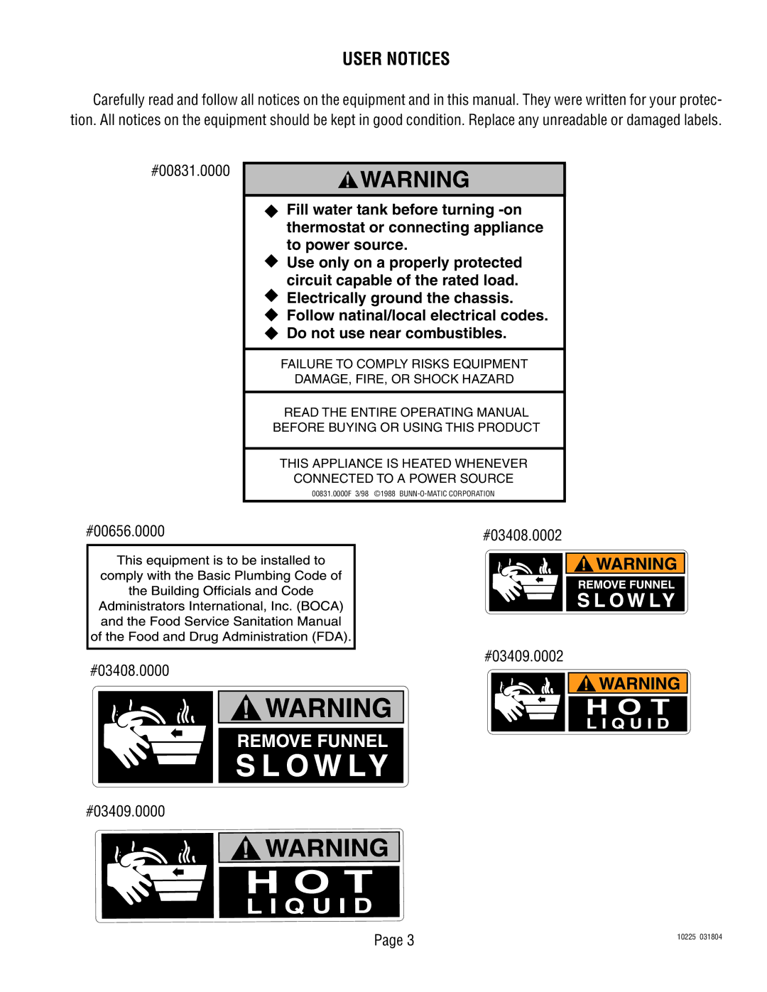 Bunn TU3 service manual User Notices, #00831.0000 #00656.0000, #03408.0002 #03409.0002 #03408.0000 #03409.0000 