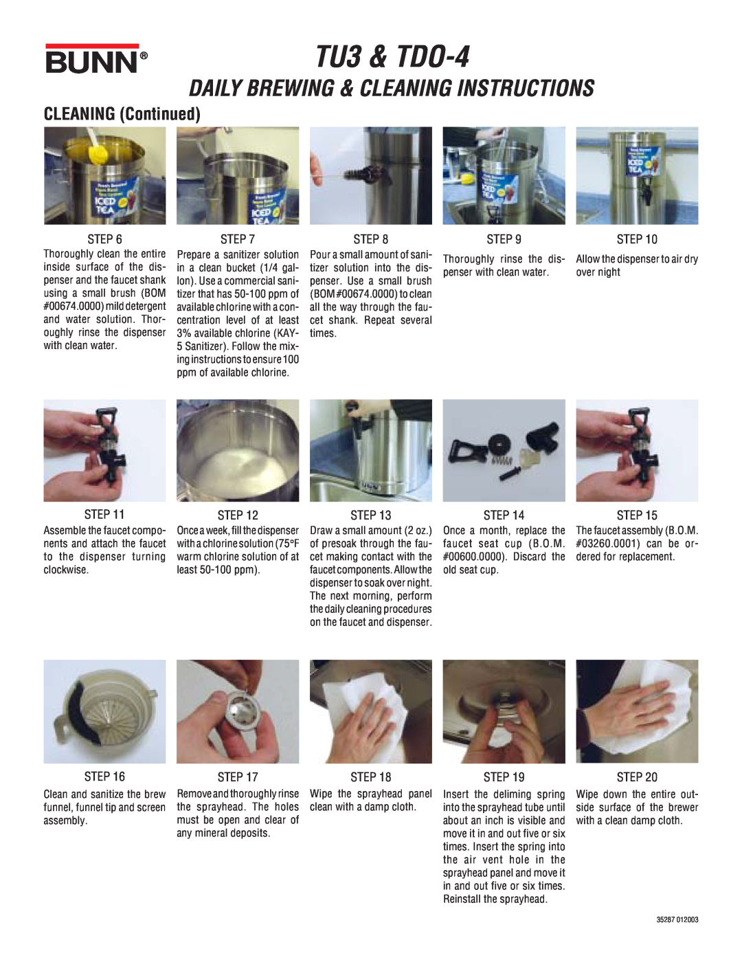 Bunn manual CLEANING Continued, Bunn, TU3 & TDO-4, Daily Brewing & Cleaning Instructions, Step 