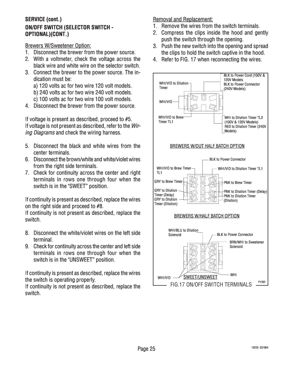 Bunn TU3 service manual SERVICE cont, On/Off Switch Selector Switch - Optionalcont 