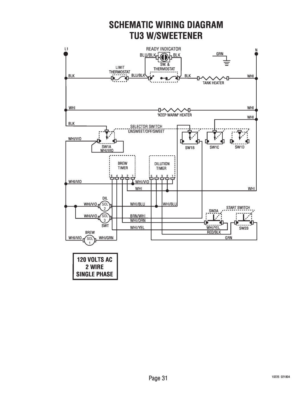 Bunn service manual SCHEMATIC WIRING DIAGRAM TU3 W/SWEETENER, Selector Switch, Unsweet/Off/Sweet, Whi/Blu, 10225, 021804 