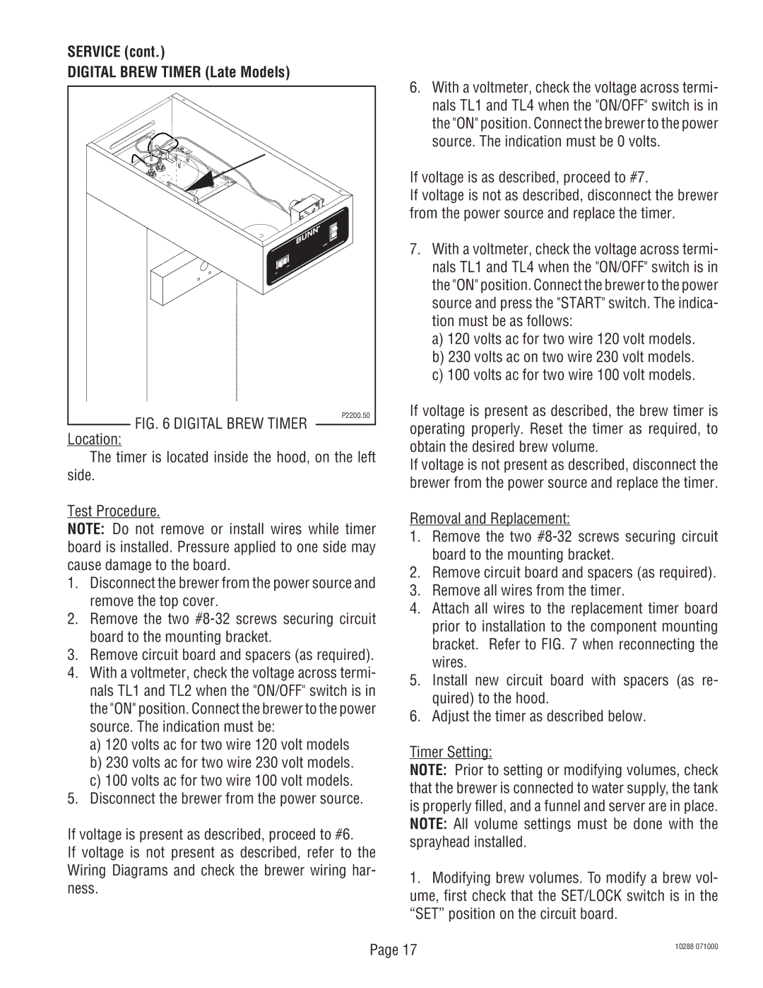 Bunn TU3Q service manual Service Digital Brew Timer Late Models, If voltage is as described, proceed to #7 