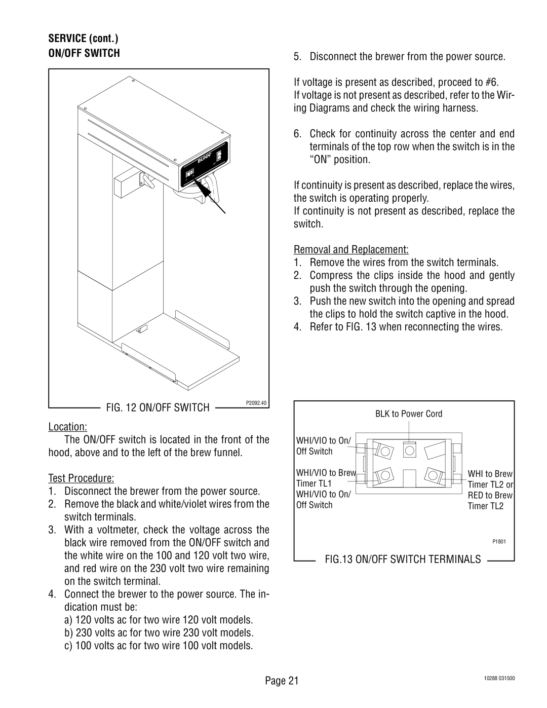 Bunn TU3Q ON/OFF Switch, Refer to when reconnecting the wires Location, Switch terminals, On the switch terminal 