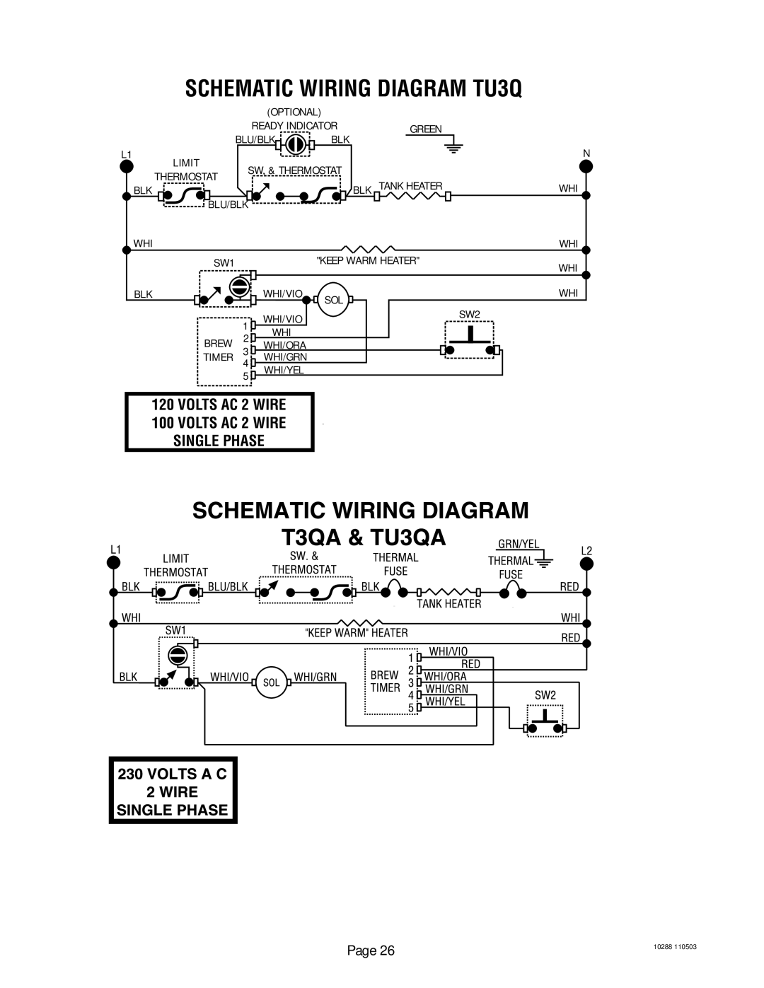 Bunn service manual Schematic Wiring Diagram TU3Q, Volts AC 2 Wire Single Phase 