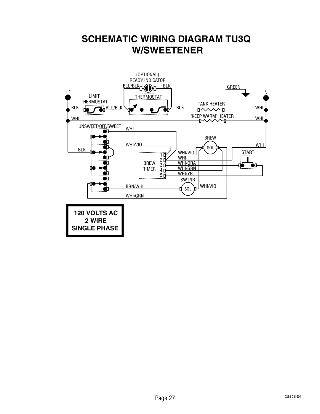 Bunn TU3Q service manual Volts AC, Wire 