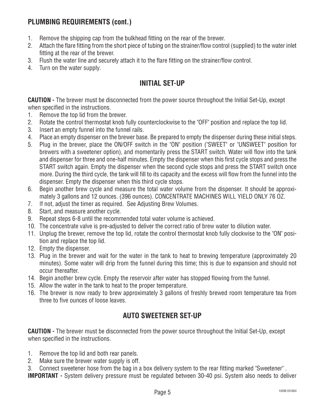 Bunn TU3Q service manual Initial SET-UP, Auto Sweetener SET-UP 