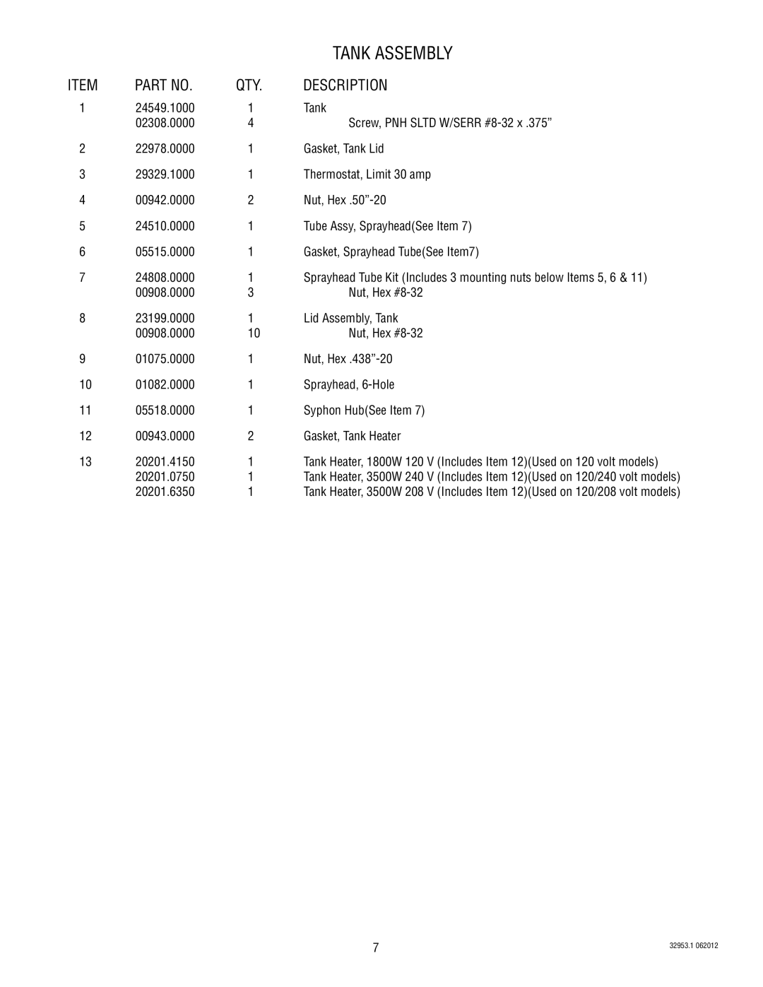 Bunn TU5Q specifications Tank Assembly 