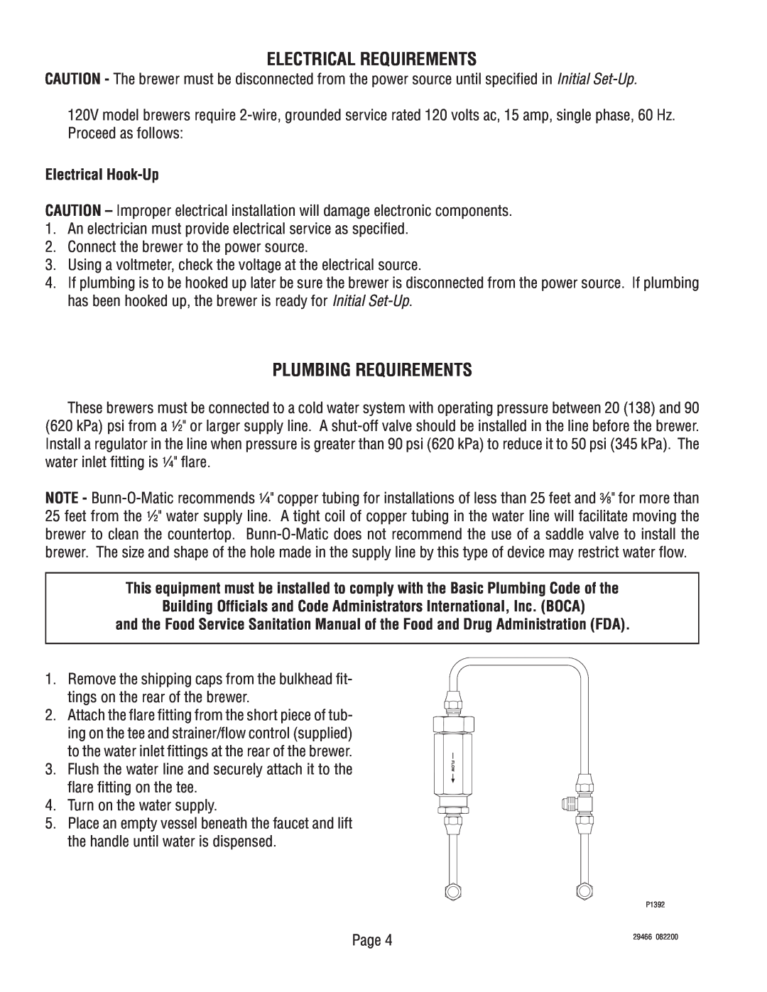 Bunn twf-ez service manual Electrical Requirements, Plumbing Requirements, Electrical Hook-Up 