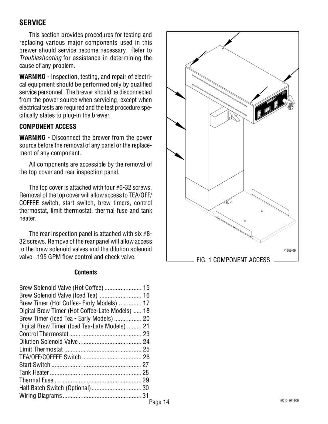 Bunn TWF service manual Service, Component Access, Contents 