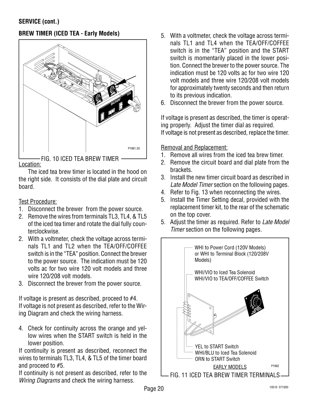 Bunn TWF service manual Service Brew Timer Iced TEA Early Models, Iced TEA Brew Timer Terminals 