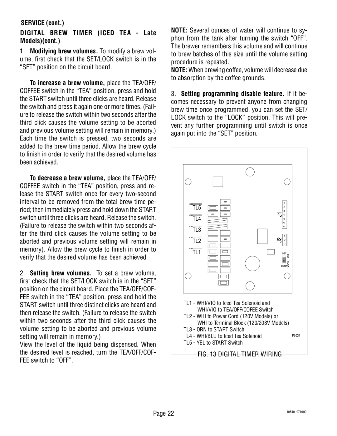 Bunn TWF service manual Service Digital Brew Timer Iced TEA Late Modelscont, Digital Timer Wiring 