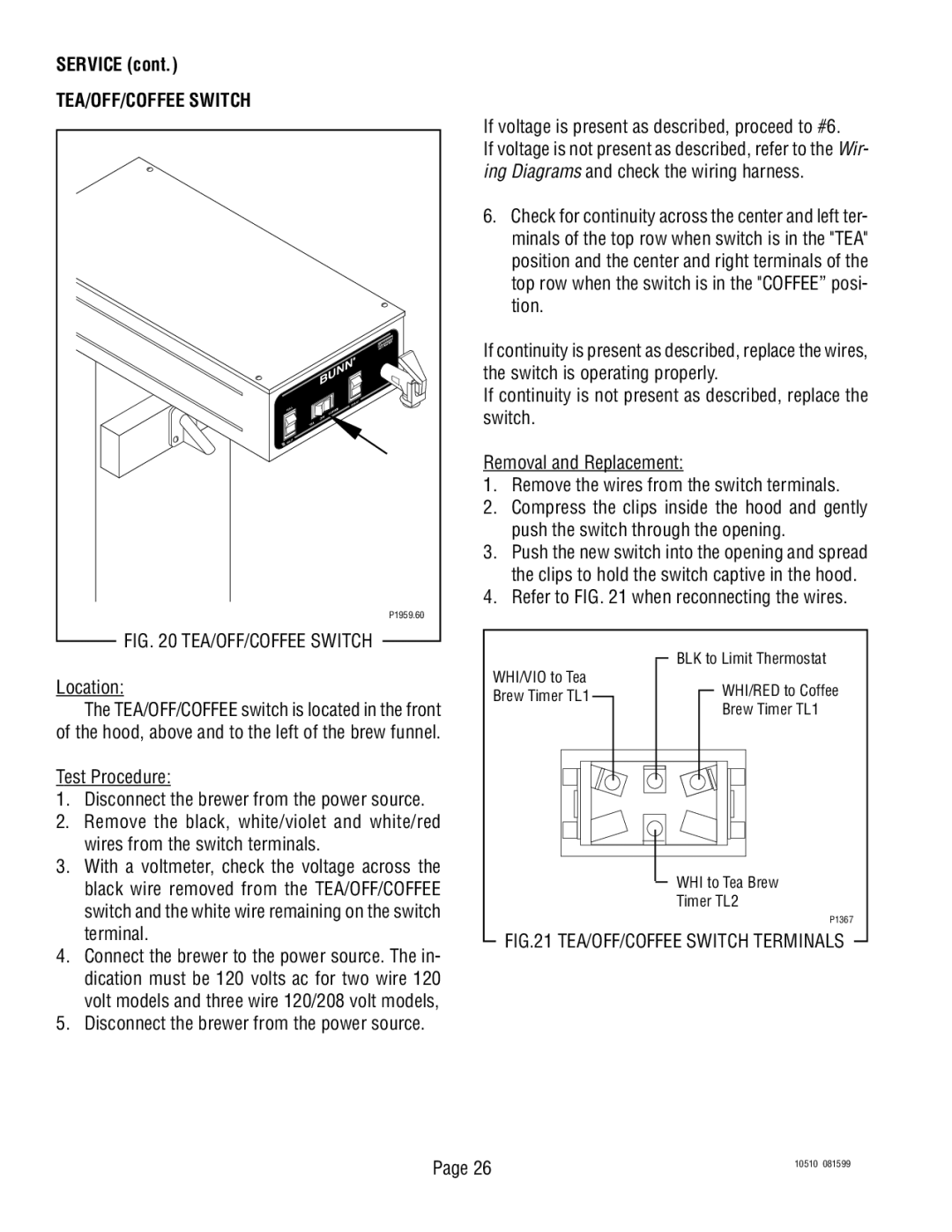 Bunn TWF service manual TEA/OFF/COFFEE Switch 