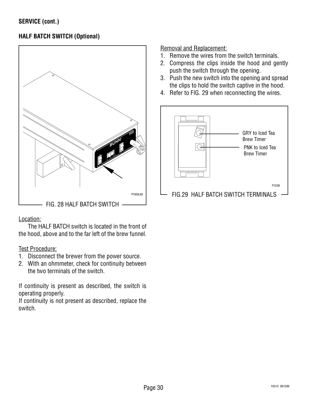 Bunn TWF service manual Service Half Batch Switch Optional, GRY to Iced Tea Brew Timer PNK to Iced Tea 