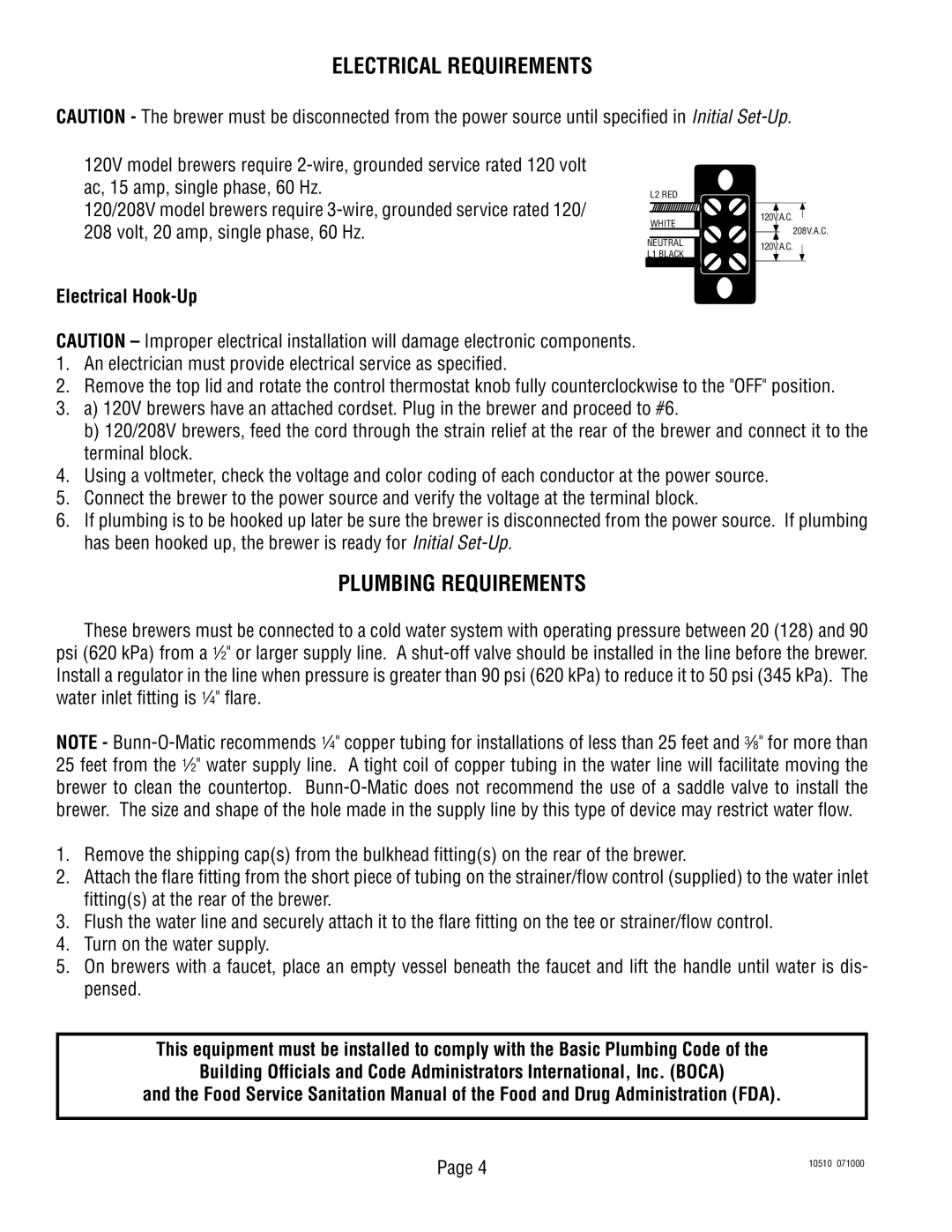 Bunn TWF service manual Electrical Requirements, Plumbing Requirements, Electrical Hook-Up 