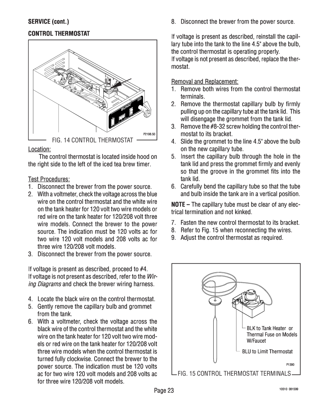 Bunn TWF service manual SERVICE cont, Control Thermostat 