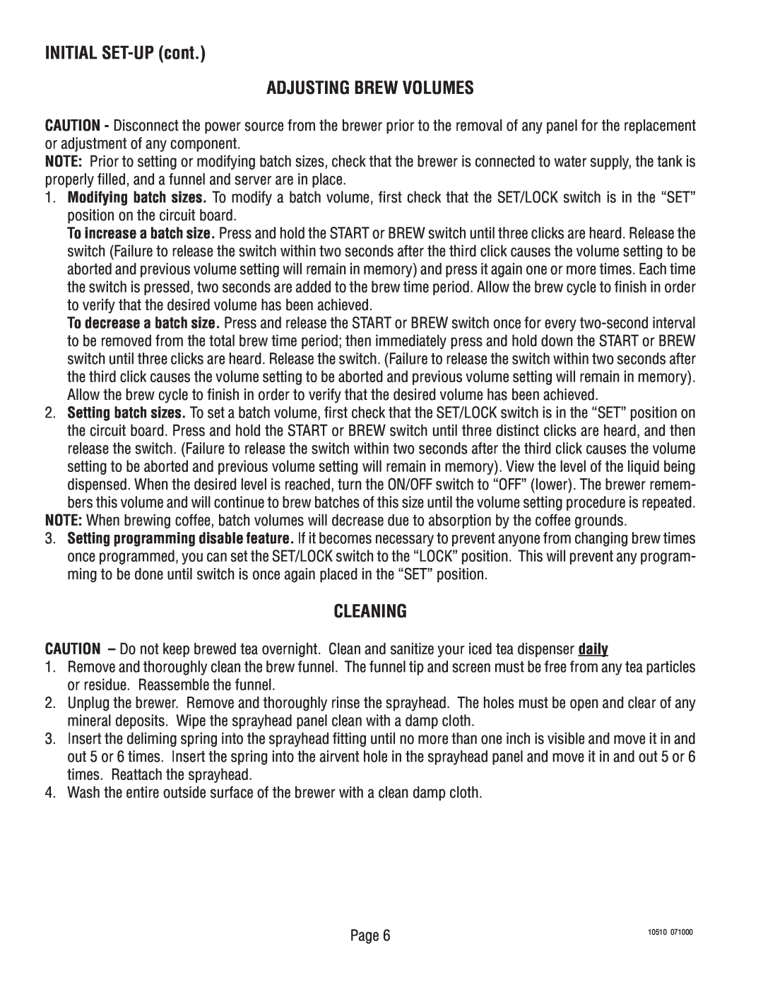 Bunn TWF service manual INITIAL SET-UPcont ADJUSTING BREW VOLUMES, Cleaning 