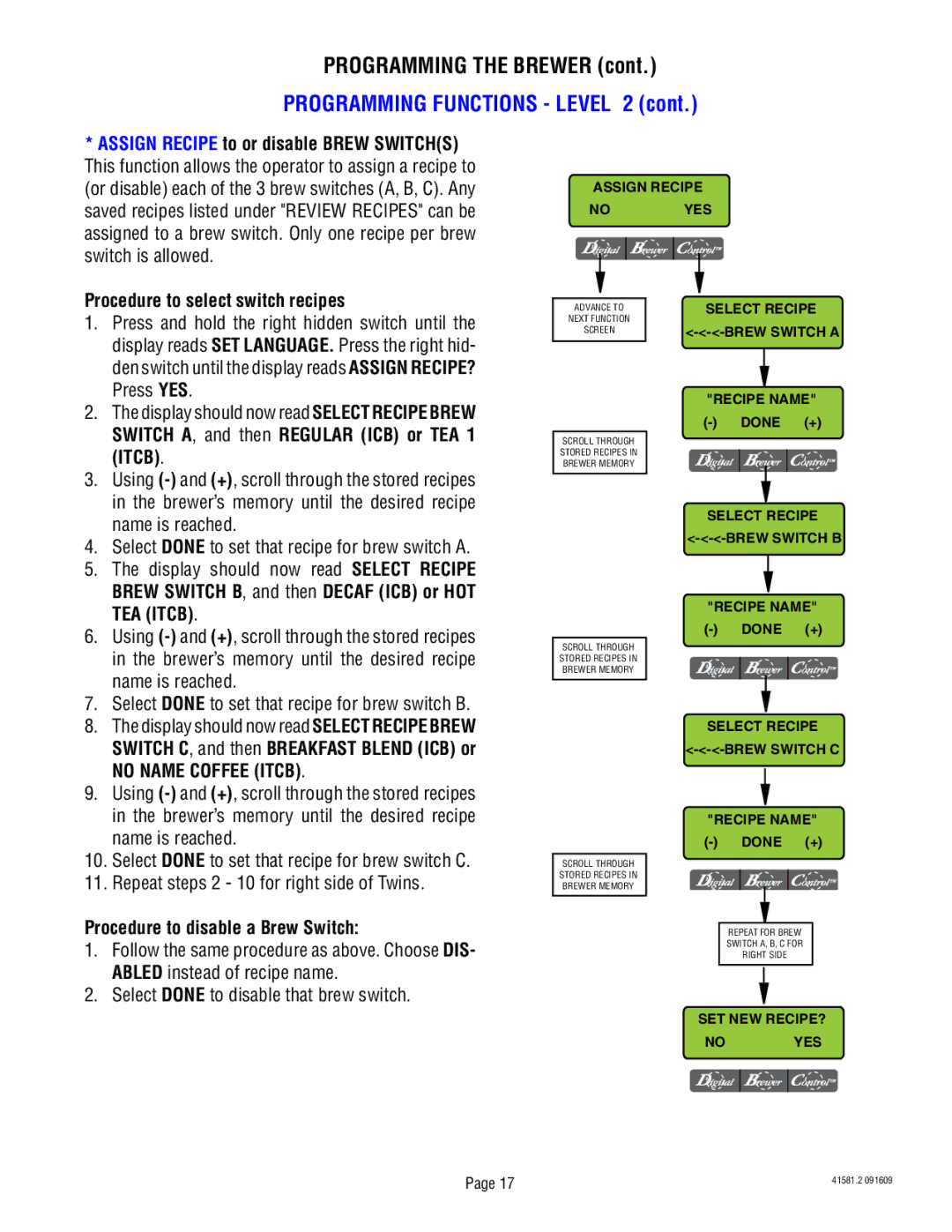 Bunn ITB, TWIN manual Procedure to select switch recipes, No Name Coffee Itcb, Procedure to disable a Brew Switch 