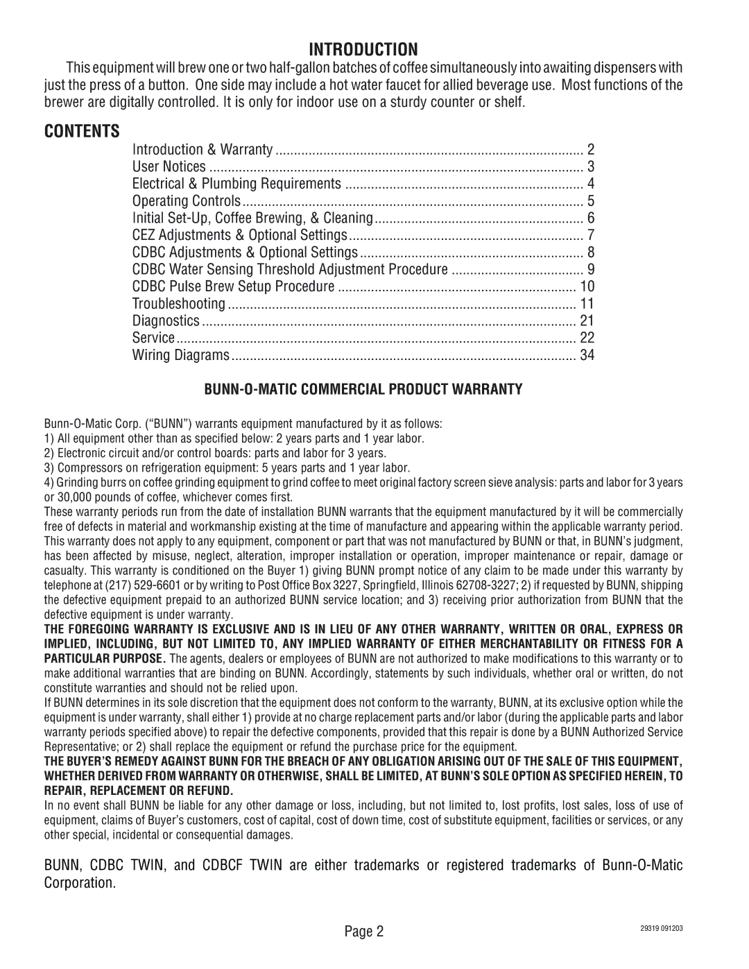 Bunn TWIN service manual Introduction, Contents 