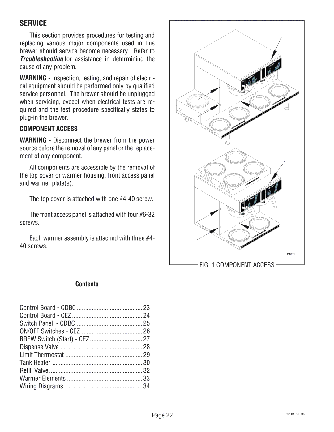 Bunn TWIN service manual Service, Component Access, Contents 